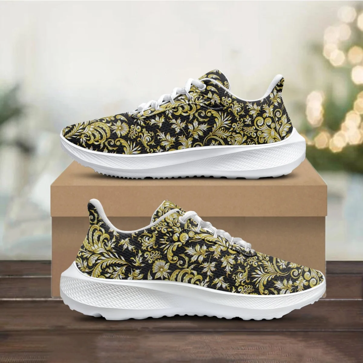 

New Women Sneakers Gold Black Baroque Printed Breathable Running Tennis Shoes Comfort Outdoor Flats Sports Shoes Female Footwear