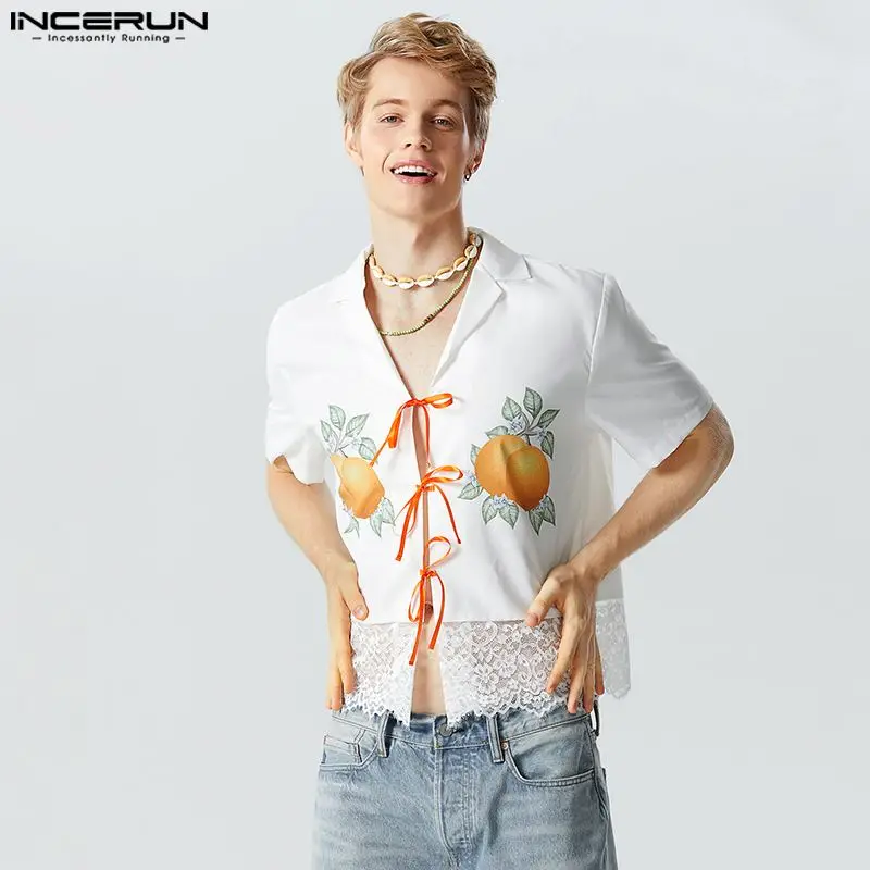 

Fashion Men Shirt Printing Lace Patchwork See Through Lapel Short Sleeve Men Clothing Lace Up 2023 Streetwear Camisas INCERUN