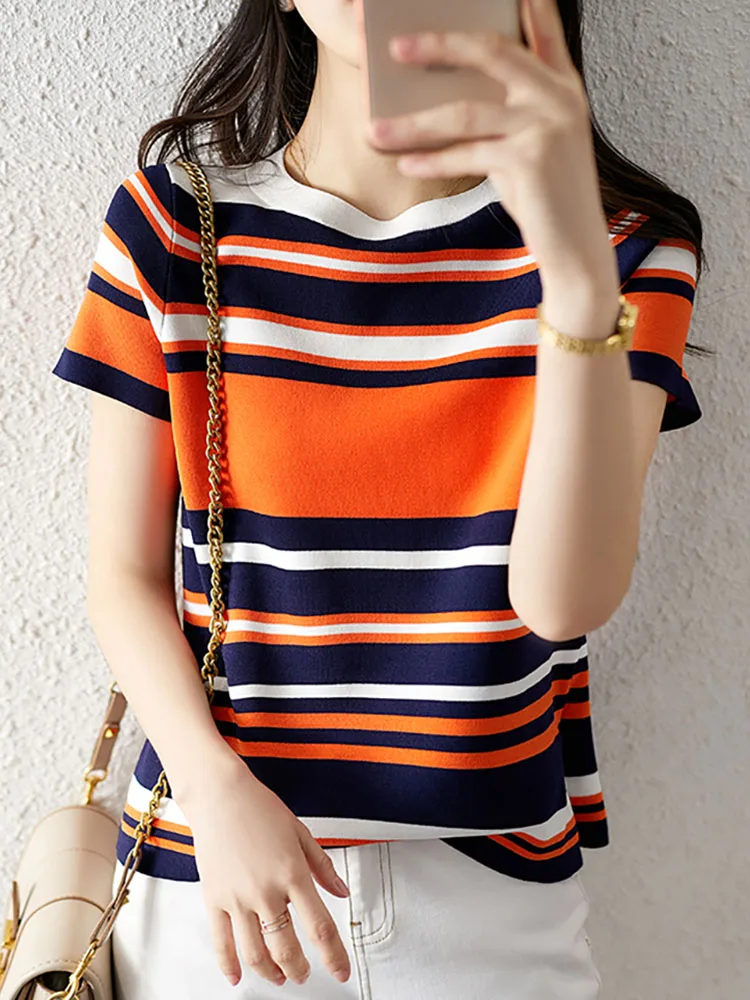 

Tops Women O Neck Loose Thin Short Sleeve 2022 Summer Fashion Tee Shirts Femme Striped Patchwork Casual Knitting T Shirt Female