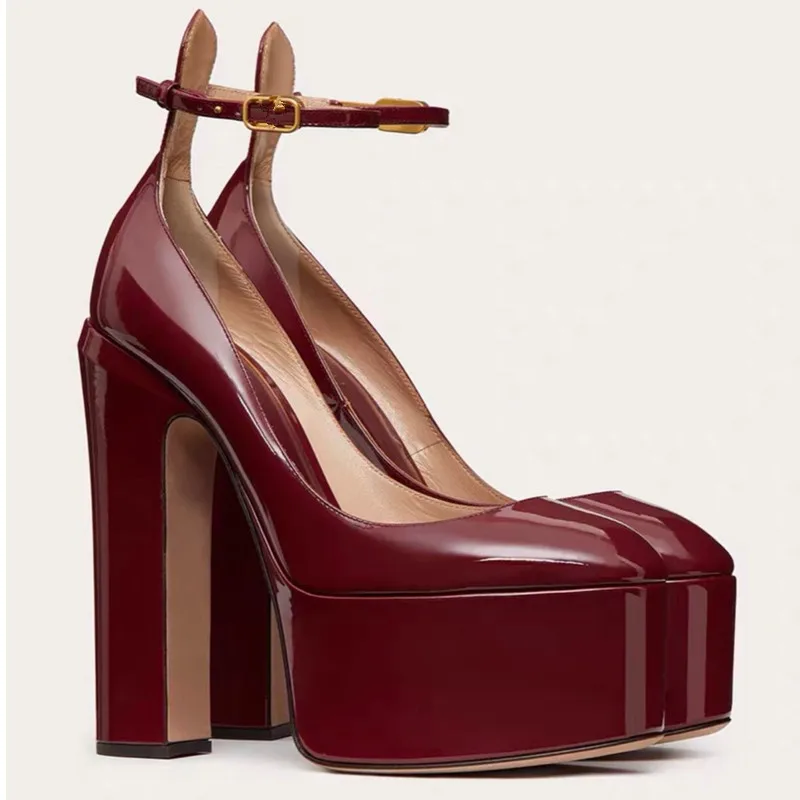 Women's Ultra-High Heels Fashion Sandals Thick Soled Patent Leather Round Head Buckle Shoes Banquet Temperament Candy Sandals