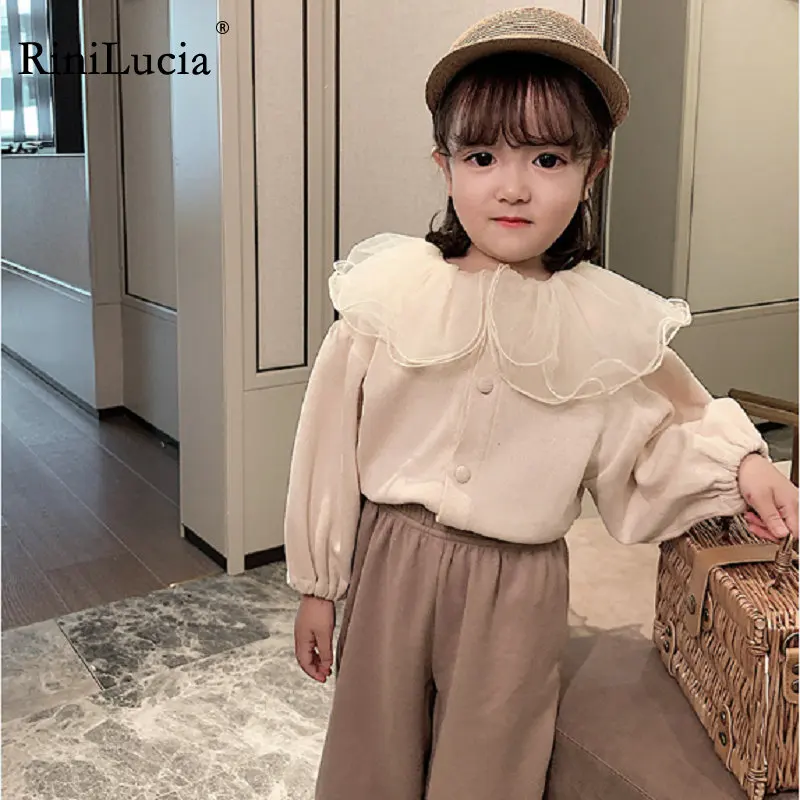 

RiniLucia Autumn Girls Cotton Cardigan Jacket Solid Lace Mesh Ruffle Collar Children Girls Baby Infant Jacket Princess Top