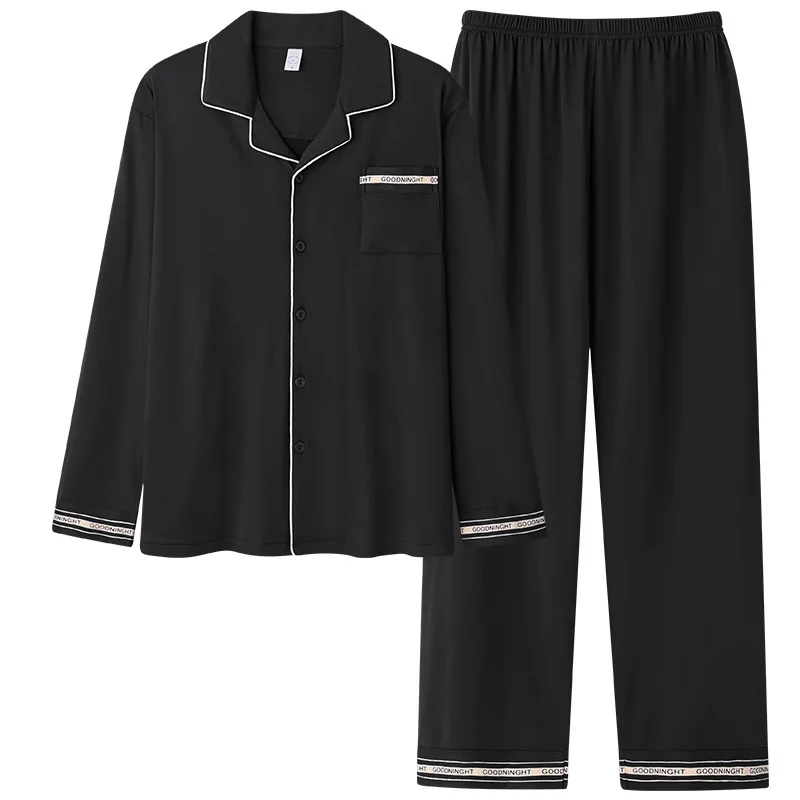 

Spring and Autumn Men's Pajamas Pure Color High-grade Sense Simple Cardigan Long-slved Trousers Two-piece Set for Men