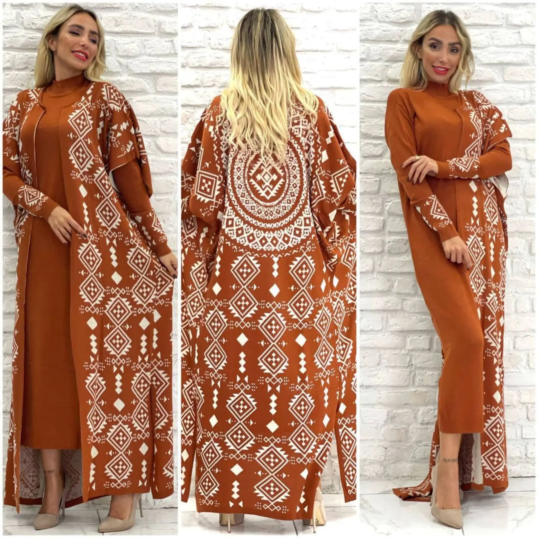 

2 Piece Women's Set Abstract Pattern Knitwear Maxi Turtleneck Sleeve Detailed Dress and Turn Down Collar Cardigan Suit Turkey