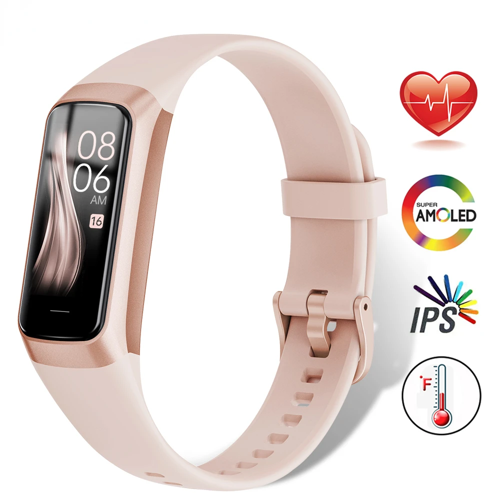 

Смарт-браслет для женщин с цветным AMOLED экраном 1,1 дюйма, пульсометр, фитнес-трекер, артериальное давление, водонепроницаемый спортивный сма...