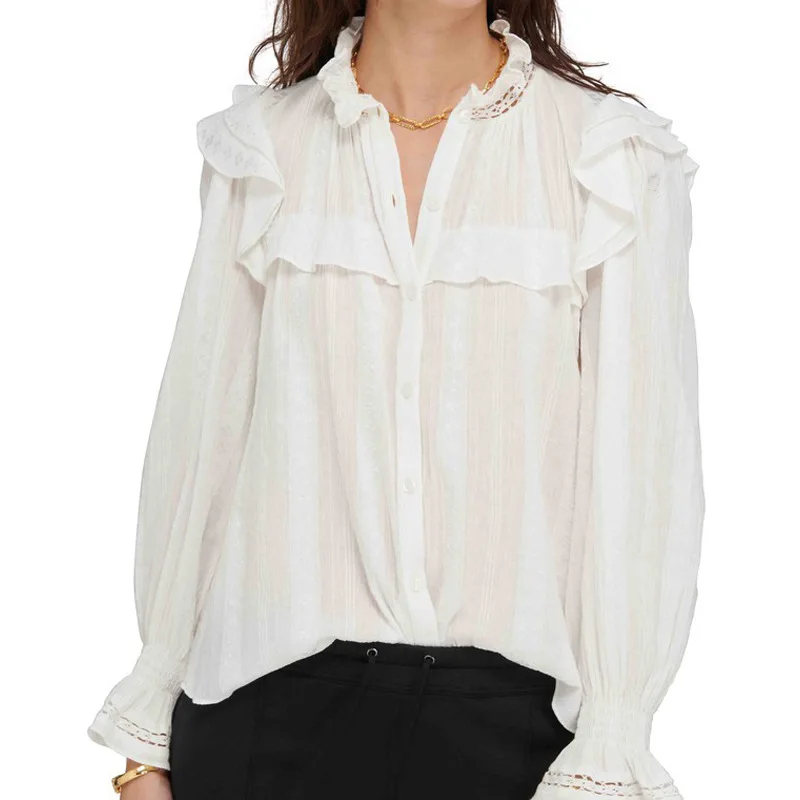

Women's White Blouse Ruffled Lace Stitching Long Flared Sleeve Top Elegant Single Breasted Shirts 2022 Spring Summer new