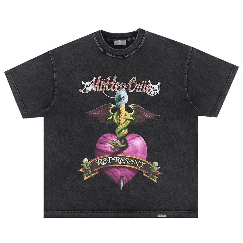 

2023 Fashion Men Short Sleeve T-shirt Hip Hop Demon Python Letter Print High Street Heavyweight Wash Vintage Worn Out Loose