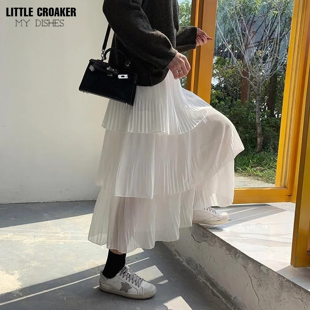 

Gauze Midi Skirts Womens 2022 Spring New Korean Style Mid-length High Waist Cupcake Skirt Chiffon A-line Pleated Skirt
