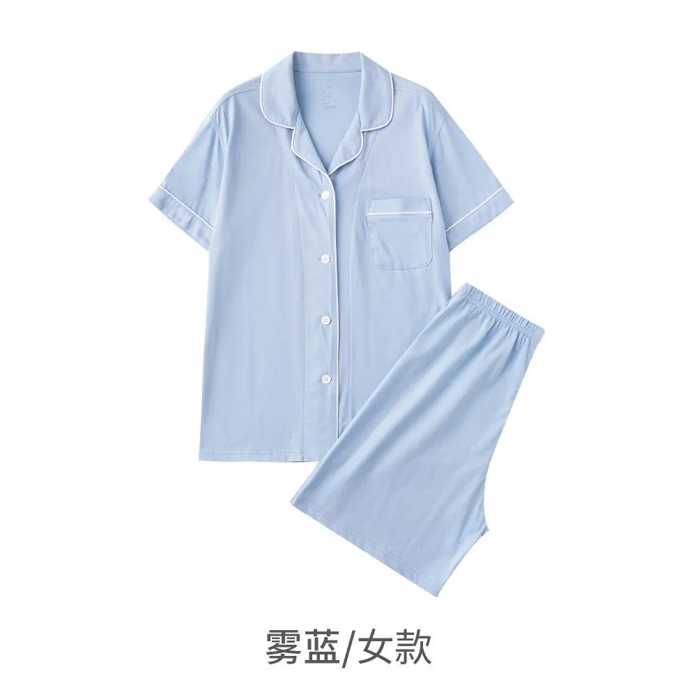 Couple Man Women Plain Color Women Cotton Pyjama Set Elegant Nightgown Sleepwear Shorts Pajamas Short Sleeves Home Wear Set