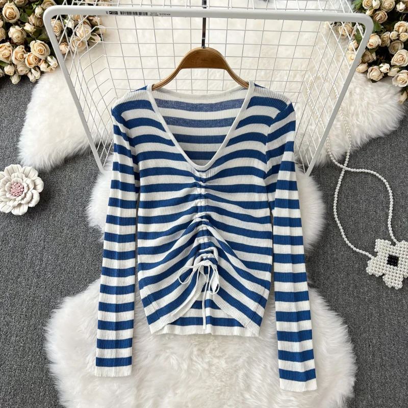 

Hikigawa Chic Fashion Women Tops Autumn Lazy Style Drawstring Stripe Thin Knit V Neck Long Sleeve Casual Short Sweater Top Mujer