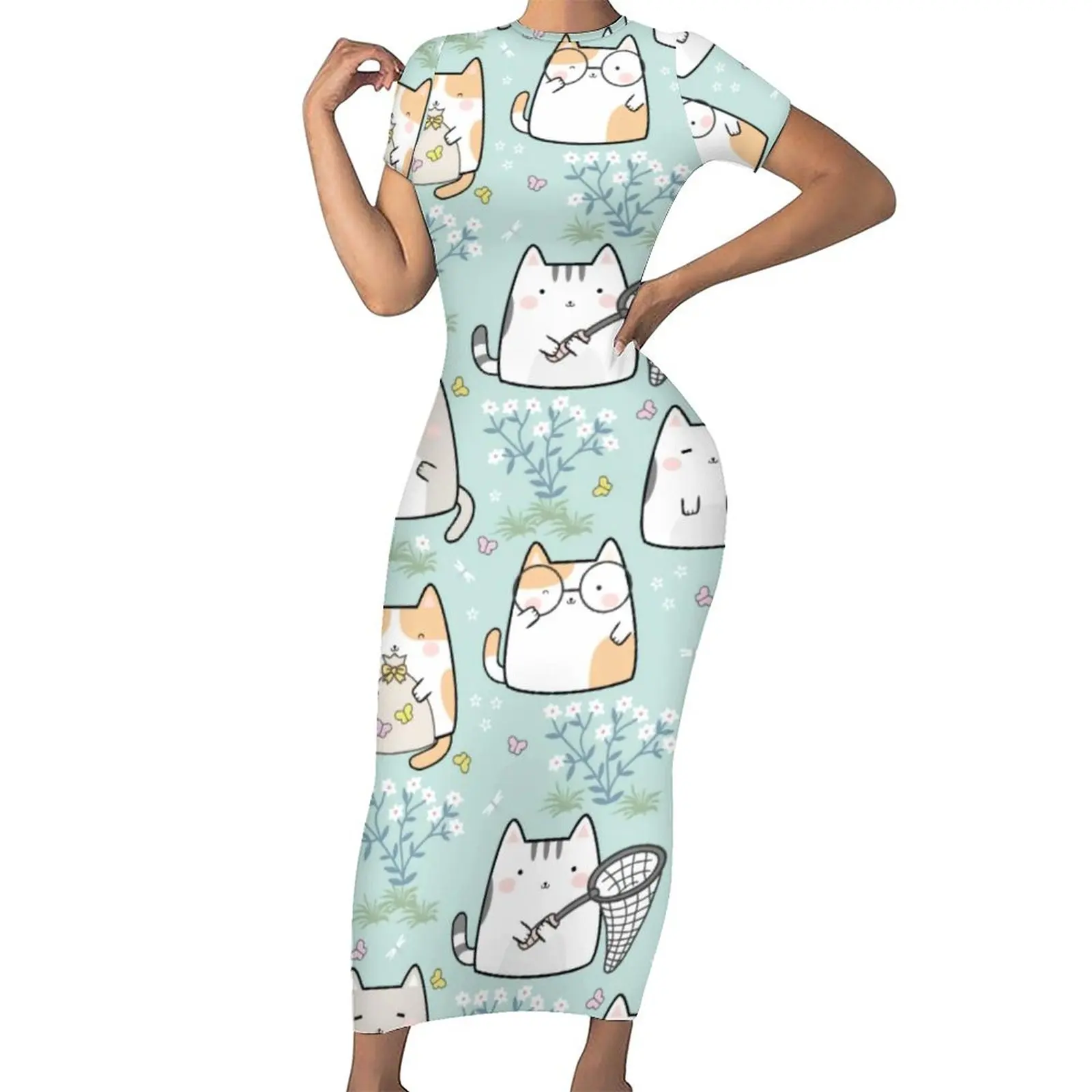 

Женское облегающее платье с принтом японского аниме, милые модные макси платья с милыми кошками, весеннее уличное платье с коротким рукавом...