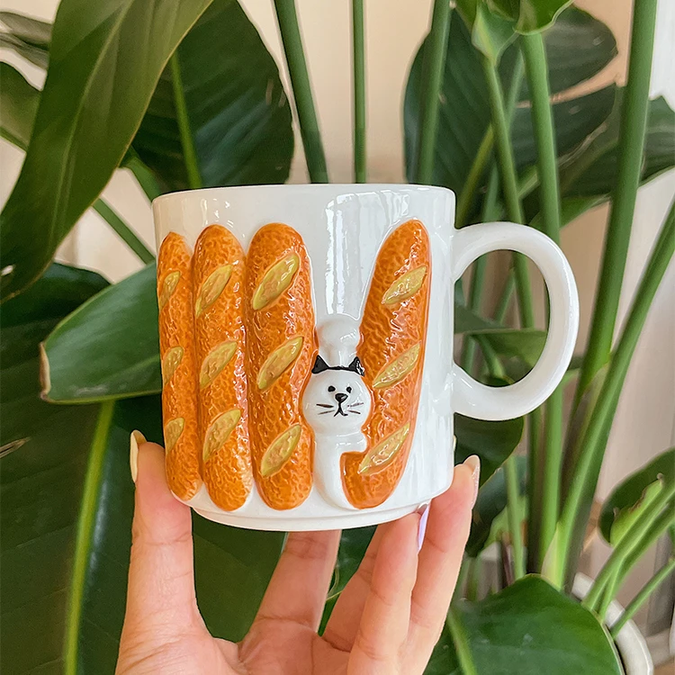 Ceramic Mug Coffee Cup Three-dimensional Stick Bread Cat Relief Breakfast for |