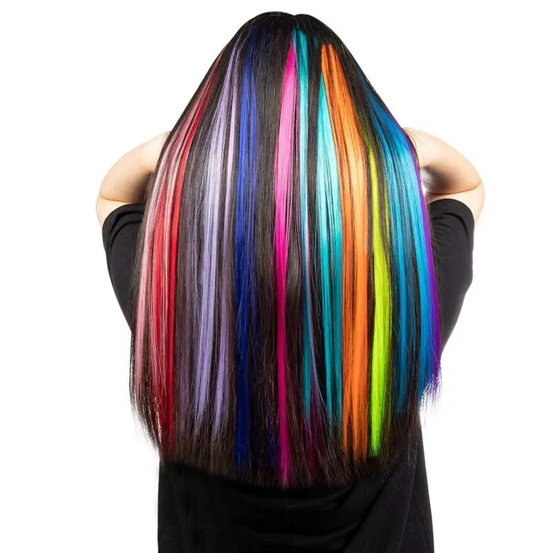 

13 Pcs Colored Party Highlights Colorful Clip In Hair Extensions 55Cm Purple + Blue & 13 Pcs Rainbow