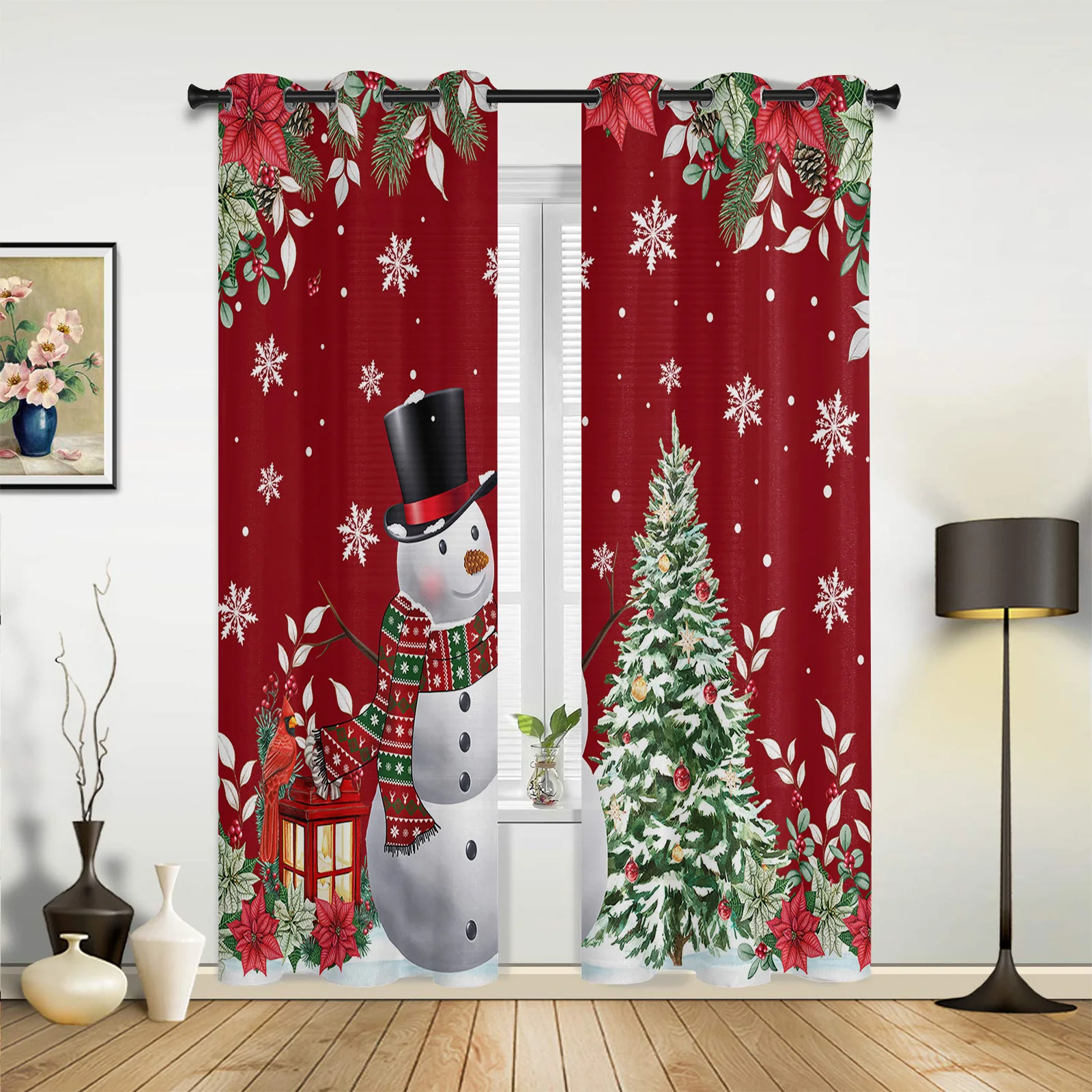 

Christmas Poinsettia Berries Snowman Window Curtains Bedroom Festival Made Finished Drapes Livingroom Window Treatments Curtains