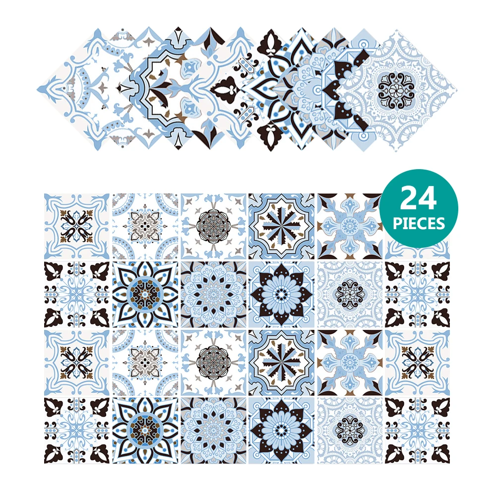 

24Pcs Retro Tiles Wall Stickers Adhesive Waterproof Tile Sticker for Kitchen Bathroom Renovation Abstract Wall Art Mural Decals