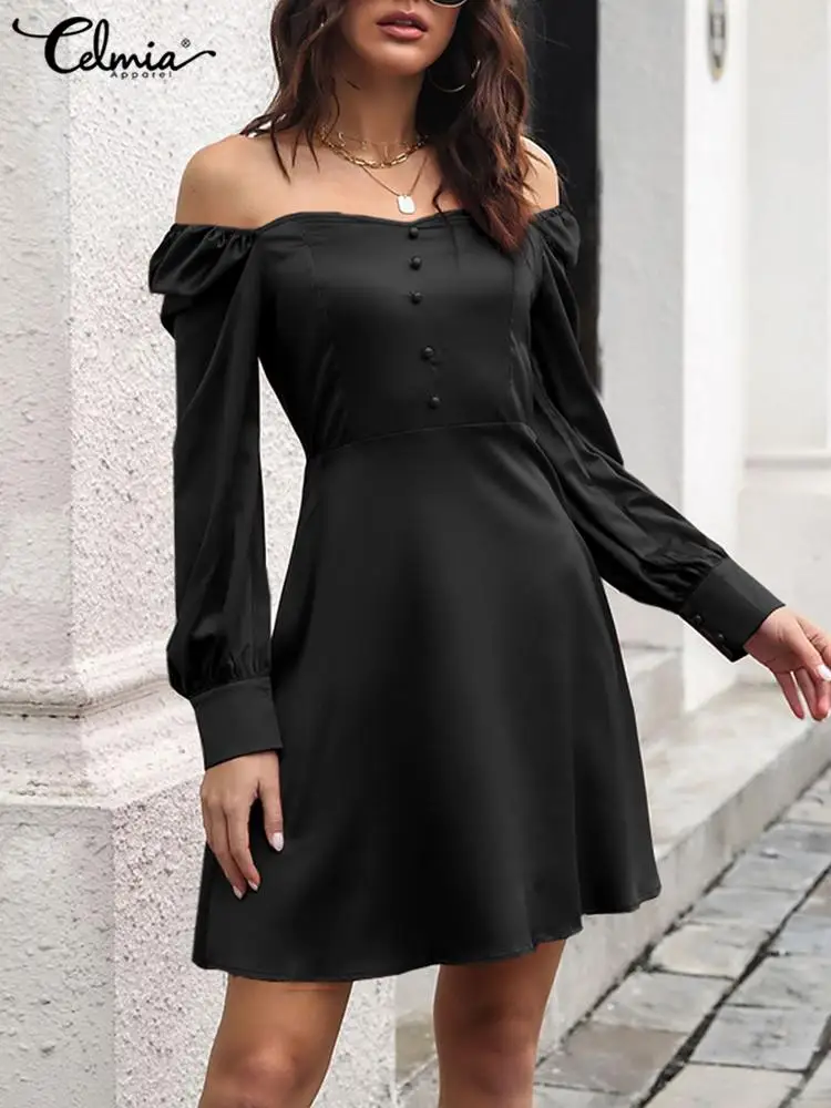 

Fashion Long Puff Sleeve Party Robes Celmia Elegant Women Satin Mini Dress Sexy Square Collar Elastic Shoulder Short Vestidos