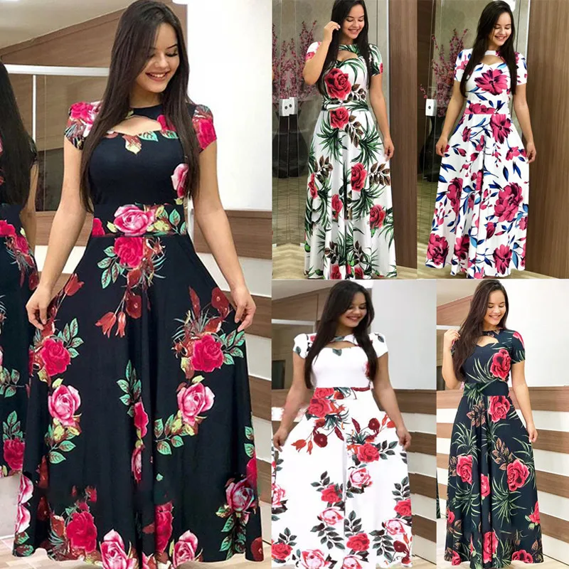 

Bikoles Casual Sexy O Neck Short Sleeve Hollow Out Women's Maxi Dresses Fashion Bohemia Print Empire Ladies Party Vestidos Robe