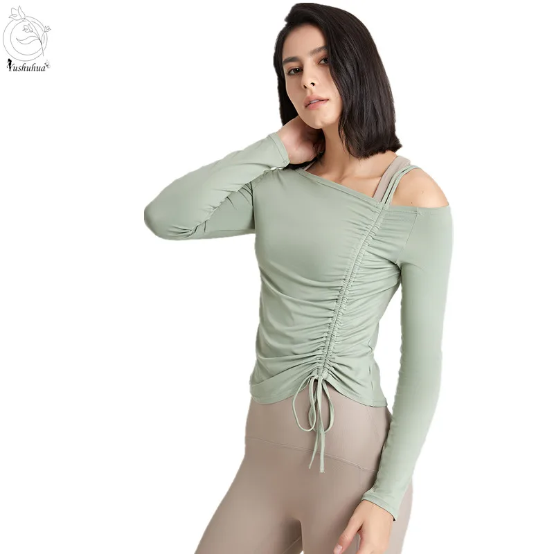 

Yushuhua Sexy Off The Shoulder Long sleeve Top Women Drawstring Yoga Shirt Running Sports T-Shirt Women's Gym Workout Clothes