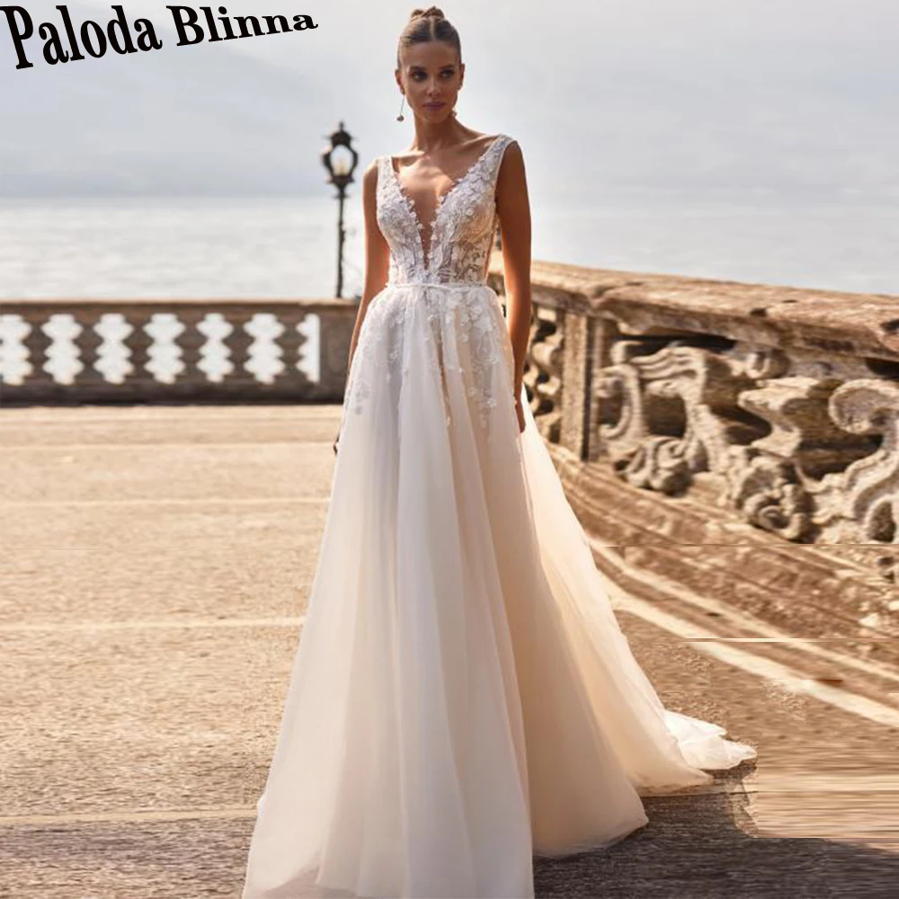 

Paloda Generous Scoop A-LINE Wedding Gown For Bride Tank Court Train Backless Sleeveless Tulle Vestidos De Novia Brautmode