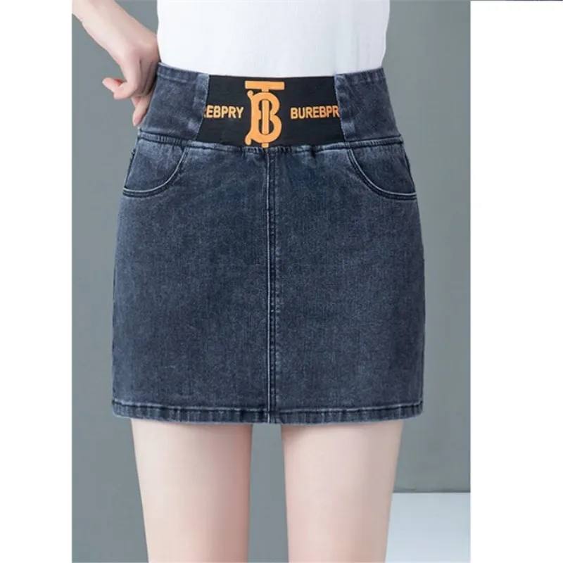 Джинсовая короткая юбка с завышенной талией универсальная эластичная тонкая