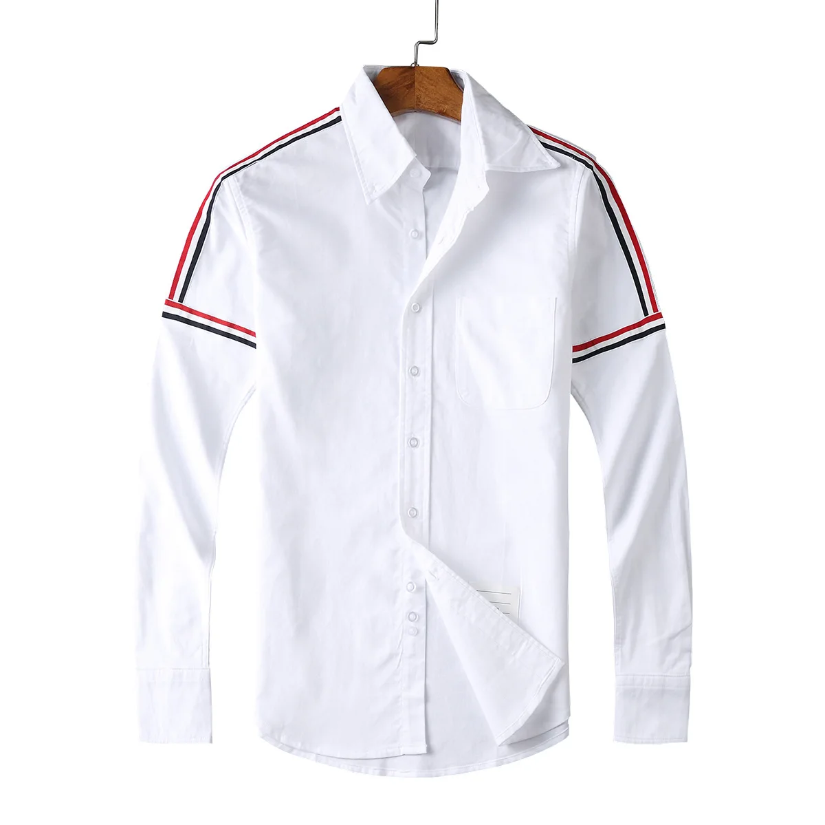 TB Shirts Men New Turn Down Collar Oxford Shirts Men Slim Long Sleeve Casual Shirt Shoulder Ribbon Solid Men's Clothing