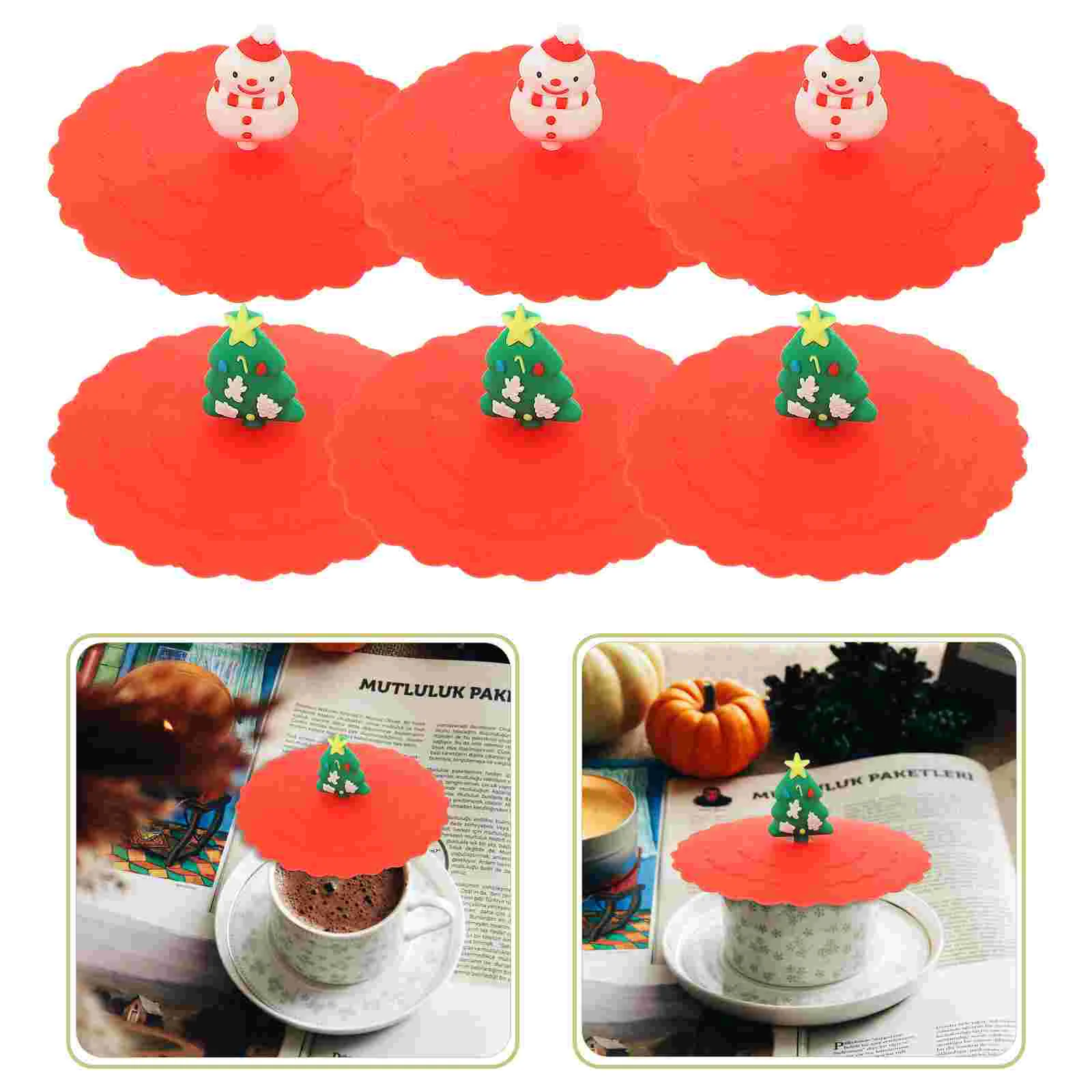 

6pcs Xmas Style Lovely Christmas Theme Cartoon Reusable Coffee Mug Lids Cup Covers Cup Lids