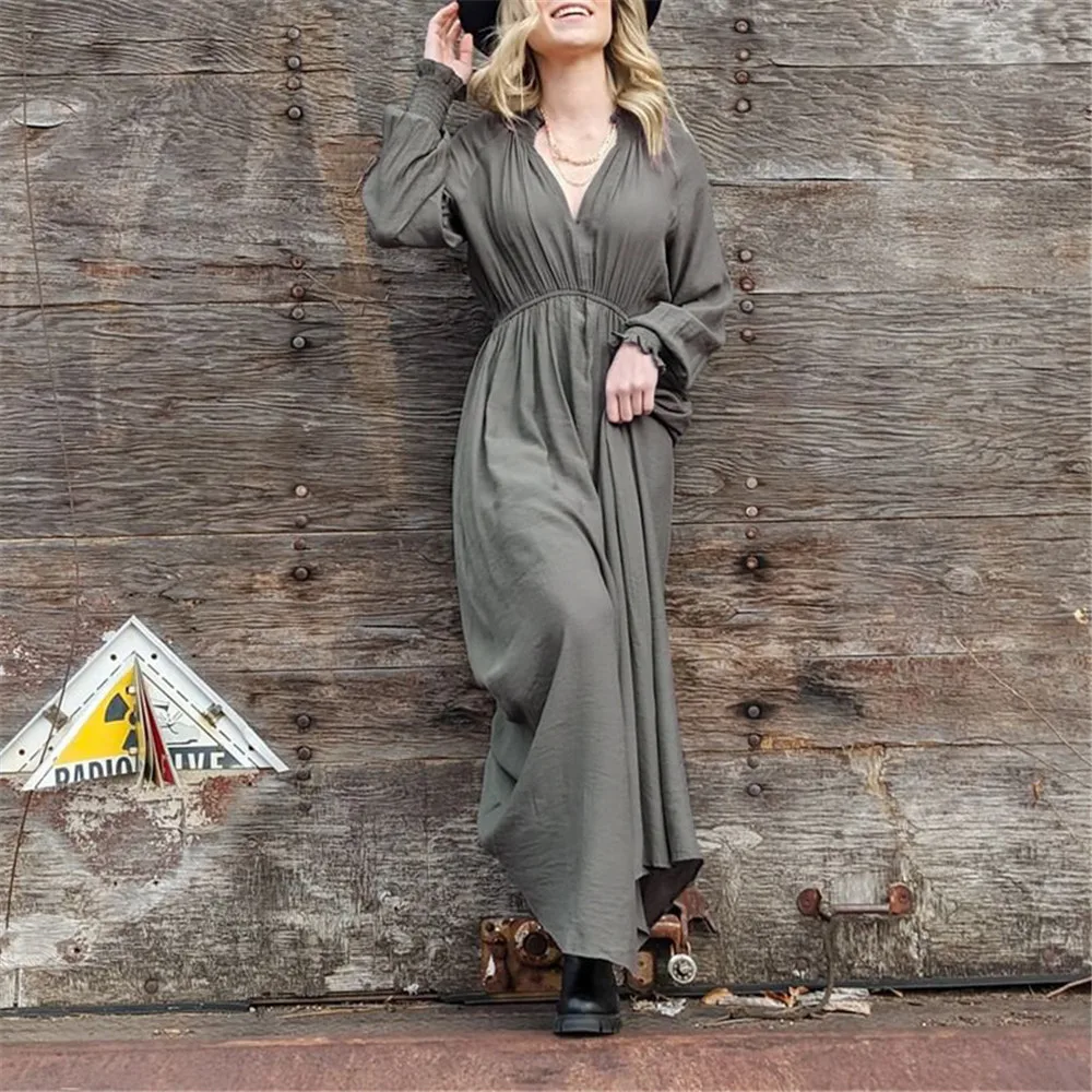 

Dress New Solid Color Temperament Sexy V-Neck Casual Vacation Style Long Bohemian Dress Autumn Spring Fashion Female Clothing