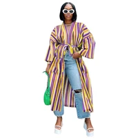 fashion striped african clothes split pockets strap loose long coat cardigan spring autumn casual ankara robes street vestidos