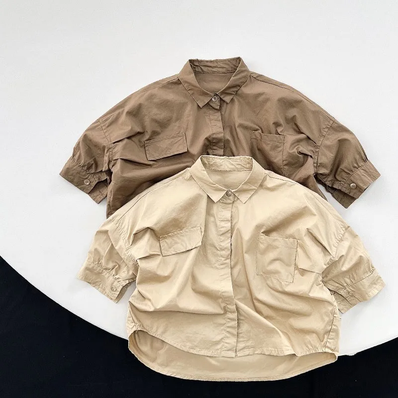 

Тонкая винтажная рубашка для мальчиков, простые весенние удобные Рубашки, Топы с отложным воротником, детские свободные рубашки для девоче...