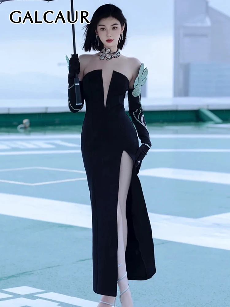 

GALCAUR Split Thigh Midi Dress For Women V Neck Long Sleeve High Waist Hit Color Patchwork Solid Dresses Female Temperament New