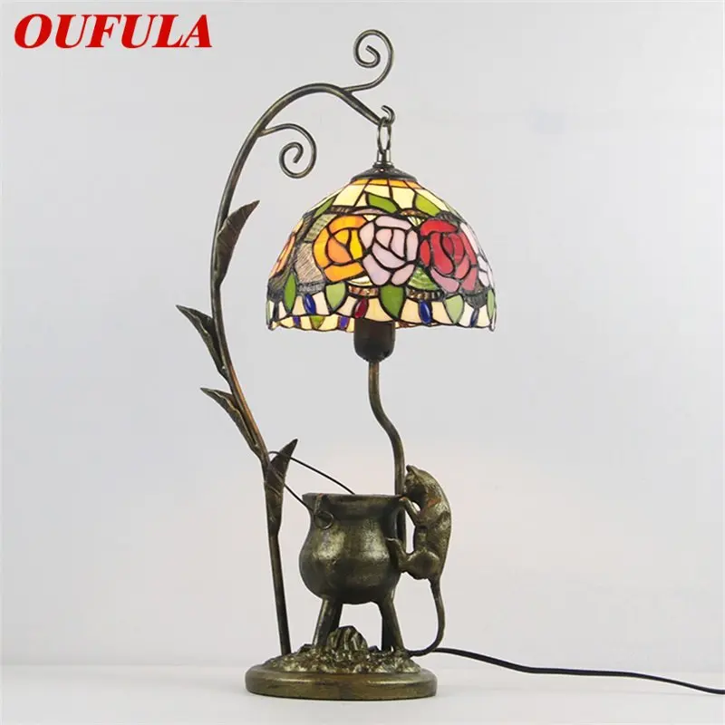 

Светодиодный светильник OUFULA из стекла Тиффани, креативная прикроватная лампа из смолы в форме цветка с абажуром для дома, гостиной, спальни