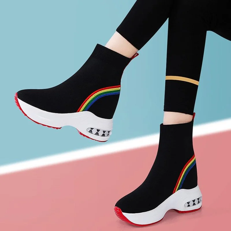 

2022 Spring Autumn Women Sock Boots Chunky Platform Hidden Heels Ankle Boots Woman Thick Bottom Non-slip Botas Femininas