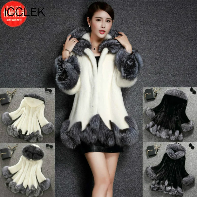 ICCLEK Imitation fur women's coat artificial fur grass coat women's Mink Fur Winter Hooded Coat