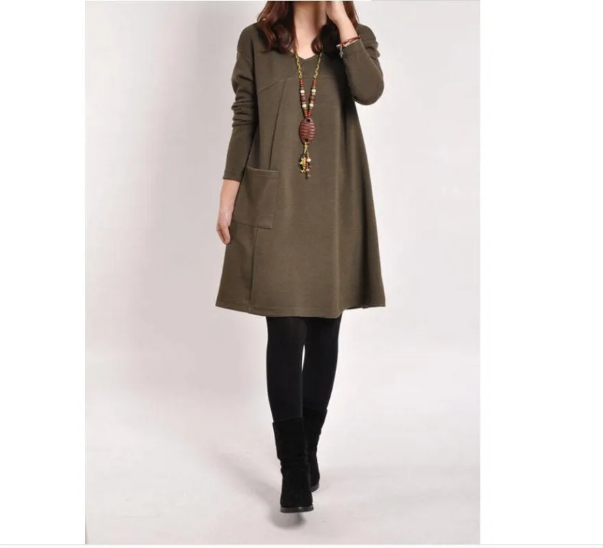 

2023 New Fashion Women Dress Spring Cotton Vintage Knee-Length Dress Female Long Sleeve O-Neck Dresses Womens Clothing