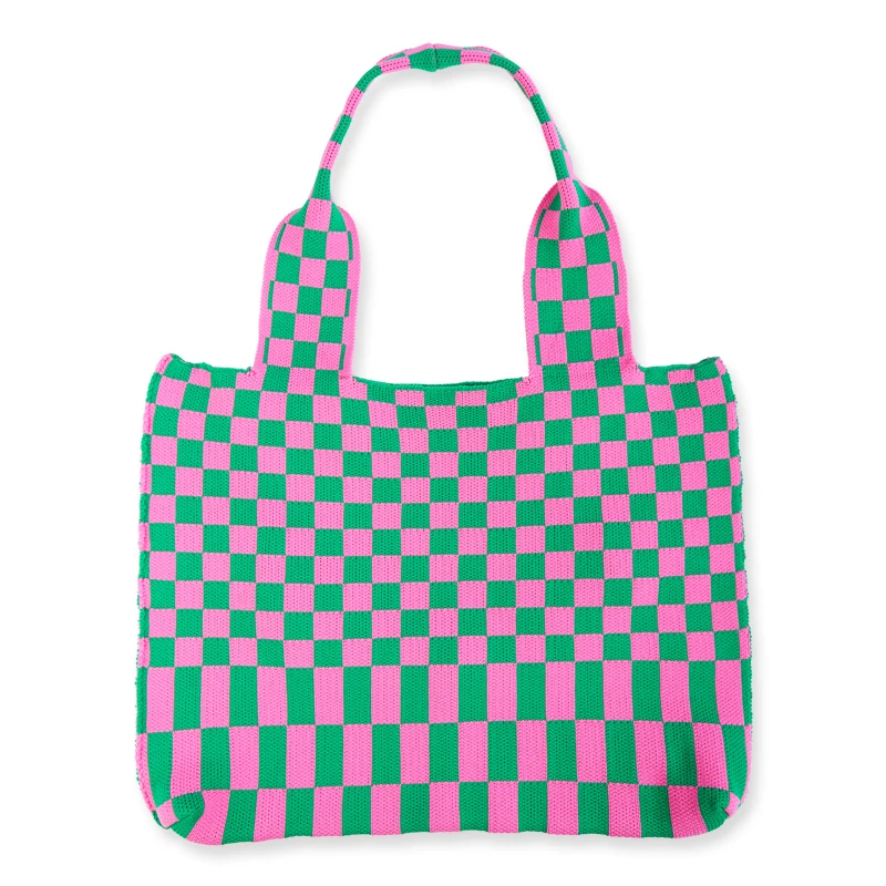 

Female Crochet Knitted Woolen Checkerboard Black White Plaid Handbag Women Vintage Roomy Big Capacity Grocery Panelled Tote Bag