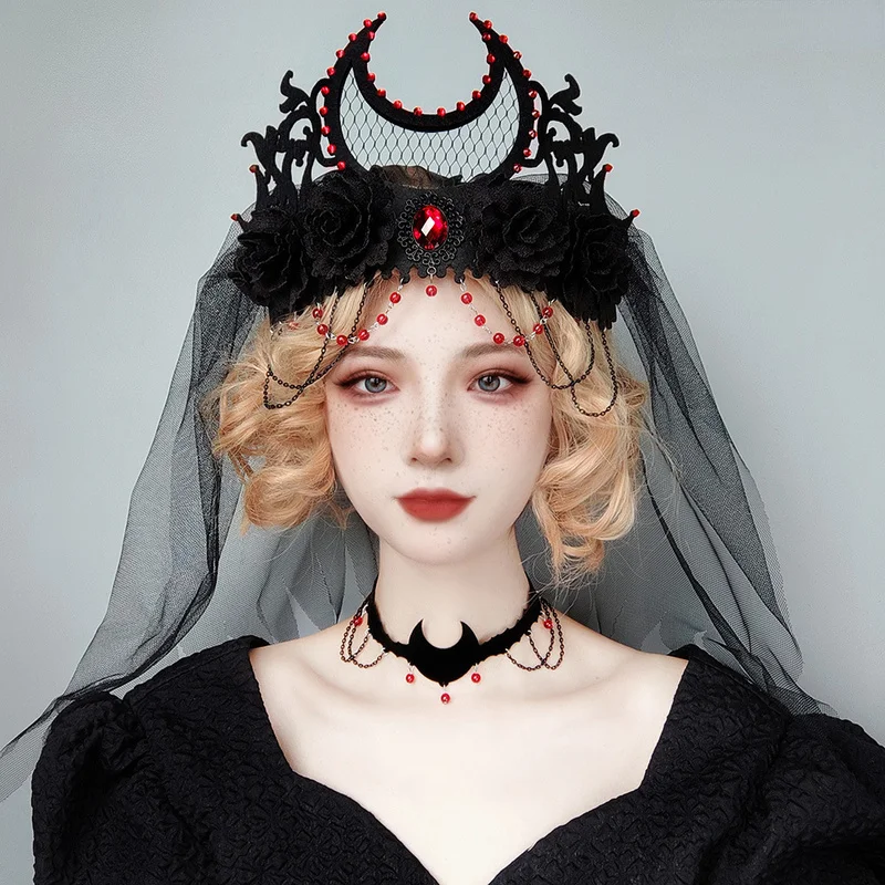 Black Mesh Crown Tiara Headdress Death Demon Witch Headdress Headwear with Red Stone Halloween Vampire King Character Headbands
