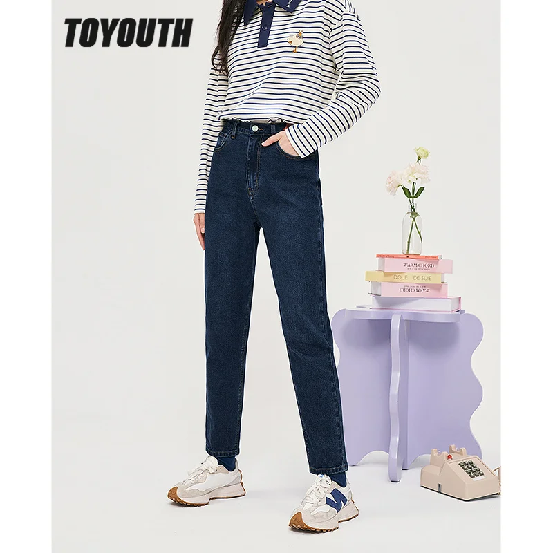 

Toyouth Women Jeans 2022 Autumn Elastic Waist Straight Denim Pants Solid Blue Chic Casual Streetwear Female Harem Pants