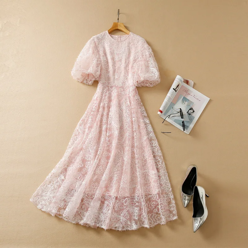 

European and American women's summer 2022 new Short sleeve lantern sleeve Pink flocking mesh Fashionable pleated dress