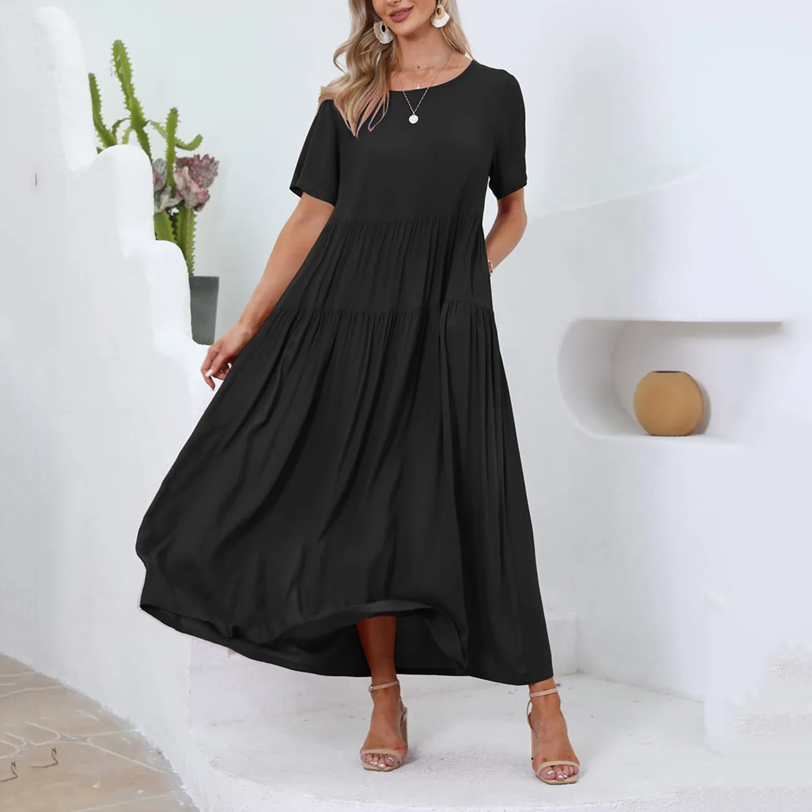 

Women Casual Loose Solid Color Long Maxi Dress With Pockets Fashion Round Neck Short Sleeve Summer Party Beach Swing Dresses