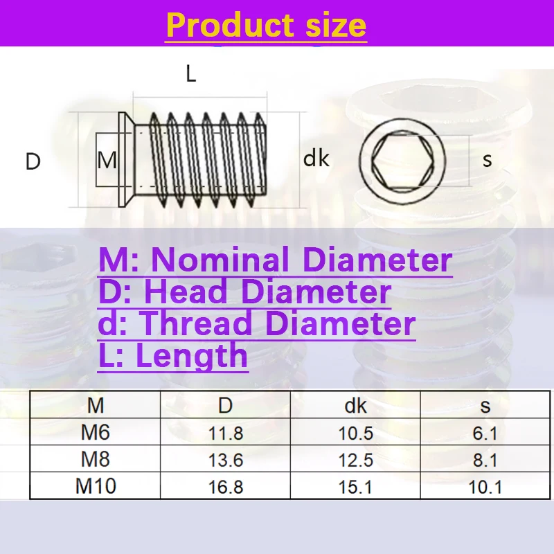 Внутренняя и внешняя гайка с шестигранным отверстием для мебели твердая