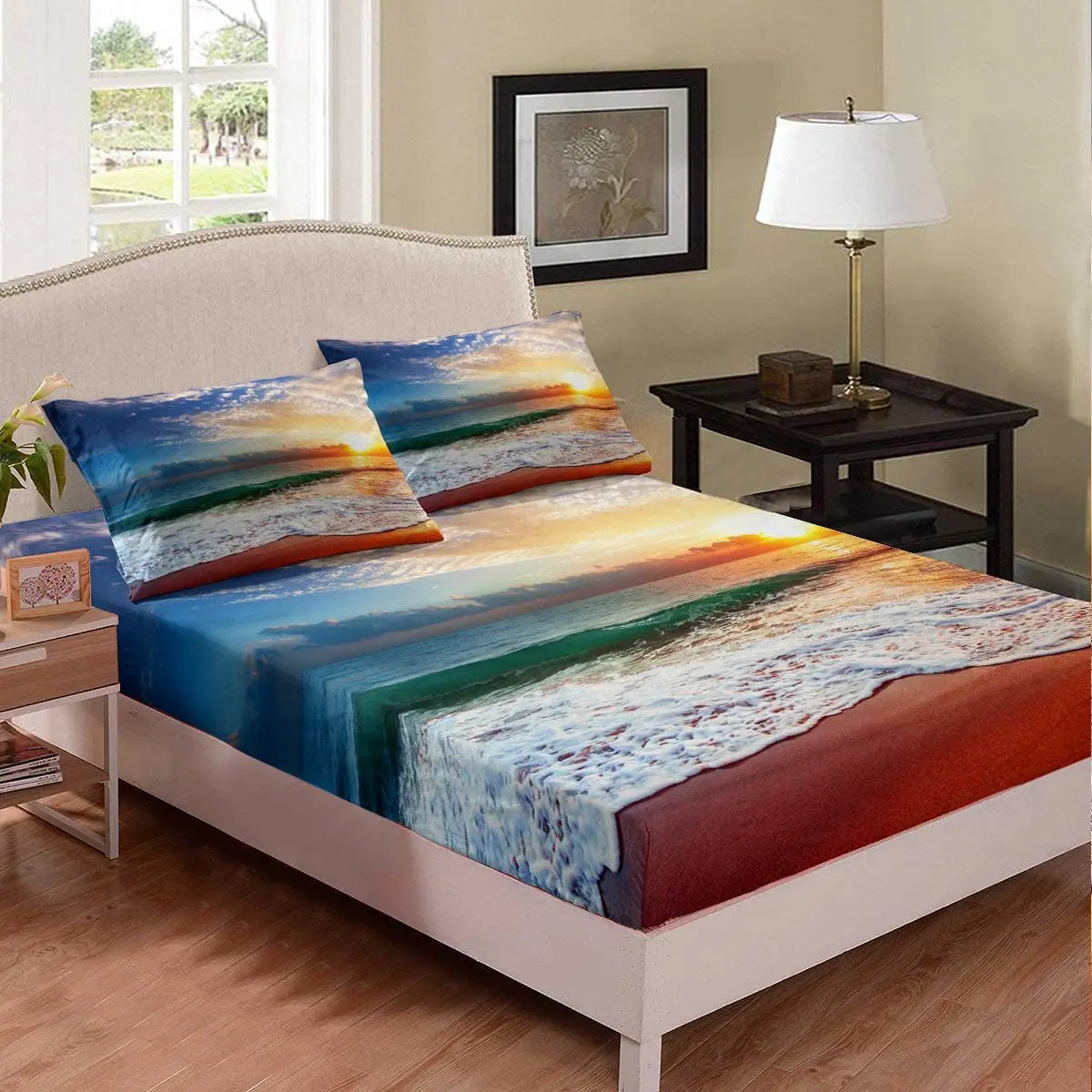 

Ocean Beach Fitted Sheet Full Size Sunset Bed Sheet Set Coastal Nature Theme Bed Cover for Kids Boys Girls Hawaiian Bedding Set