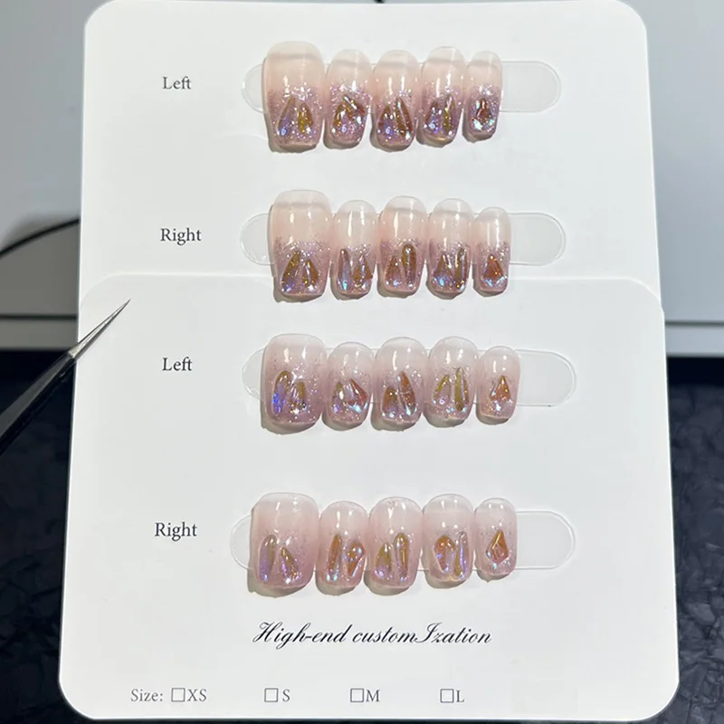 

MAGO Handmade Press on Full Cover Professional Nails Nude Pink Aurora Purple Diamond short reusable finished fake nails