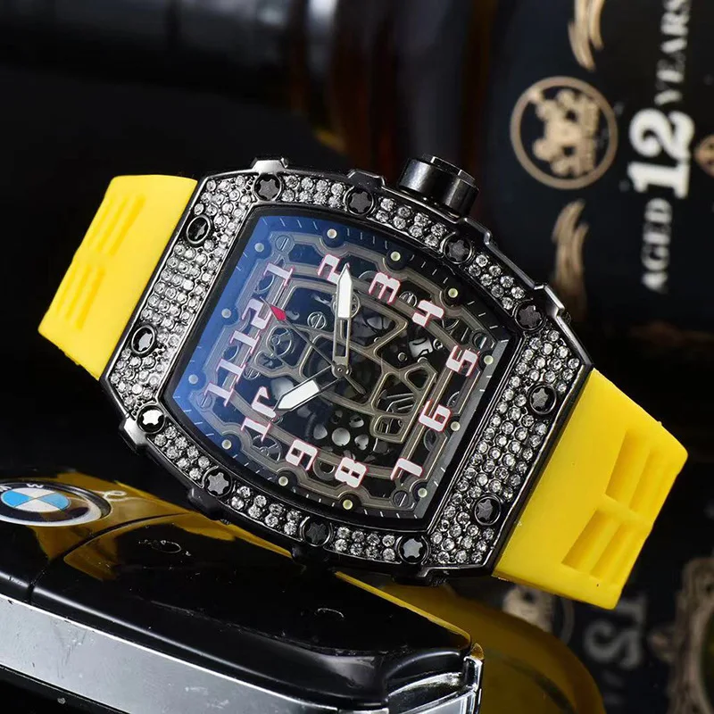 Personality Yellow Silicone Arabic Numbers Quartz Watch Tonneau Shape Black Diamond Unique Men Watch Fashion Luminous Wristwatch