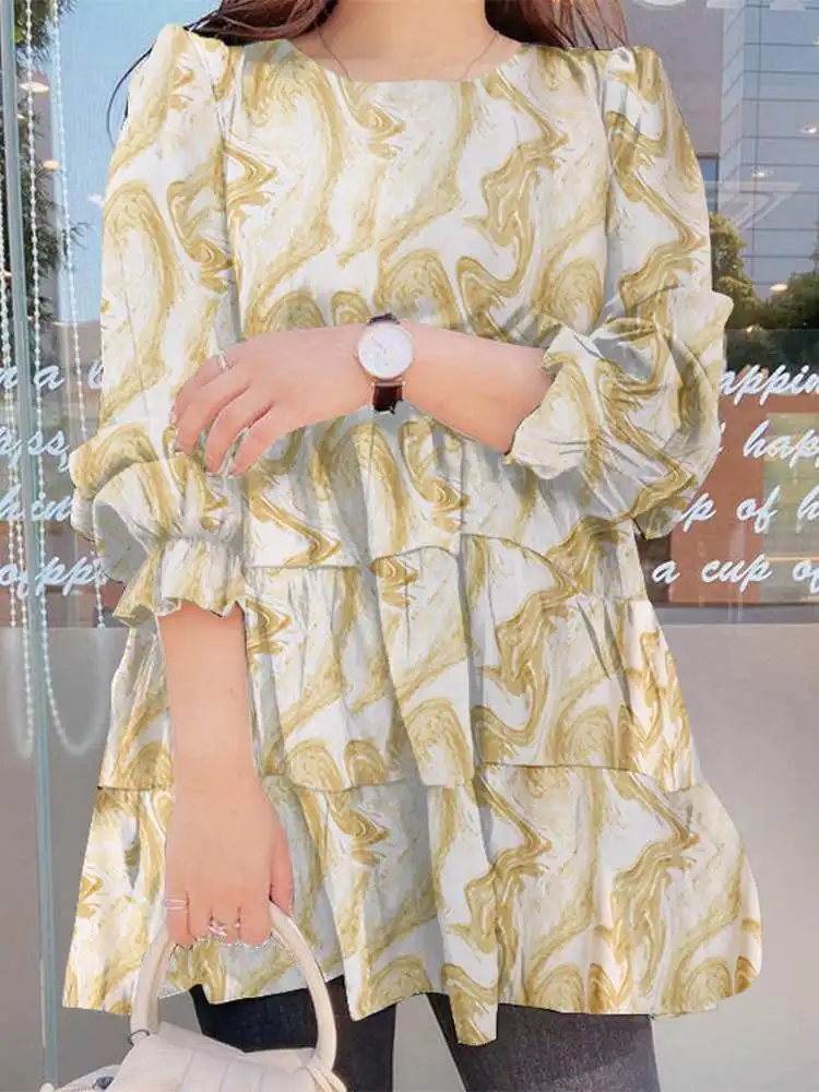 

Модная блузка с оборками и рукавами-фонариками 2022 ZANZEA, женские топы с принтом, туника, повседневные топы с круглым вырезом, женские свободны...