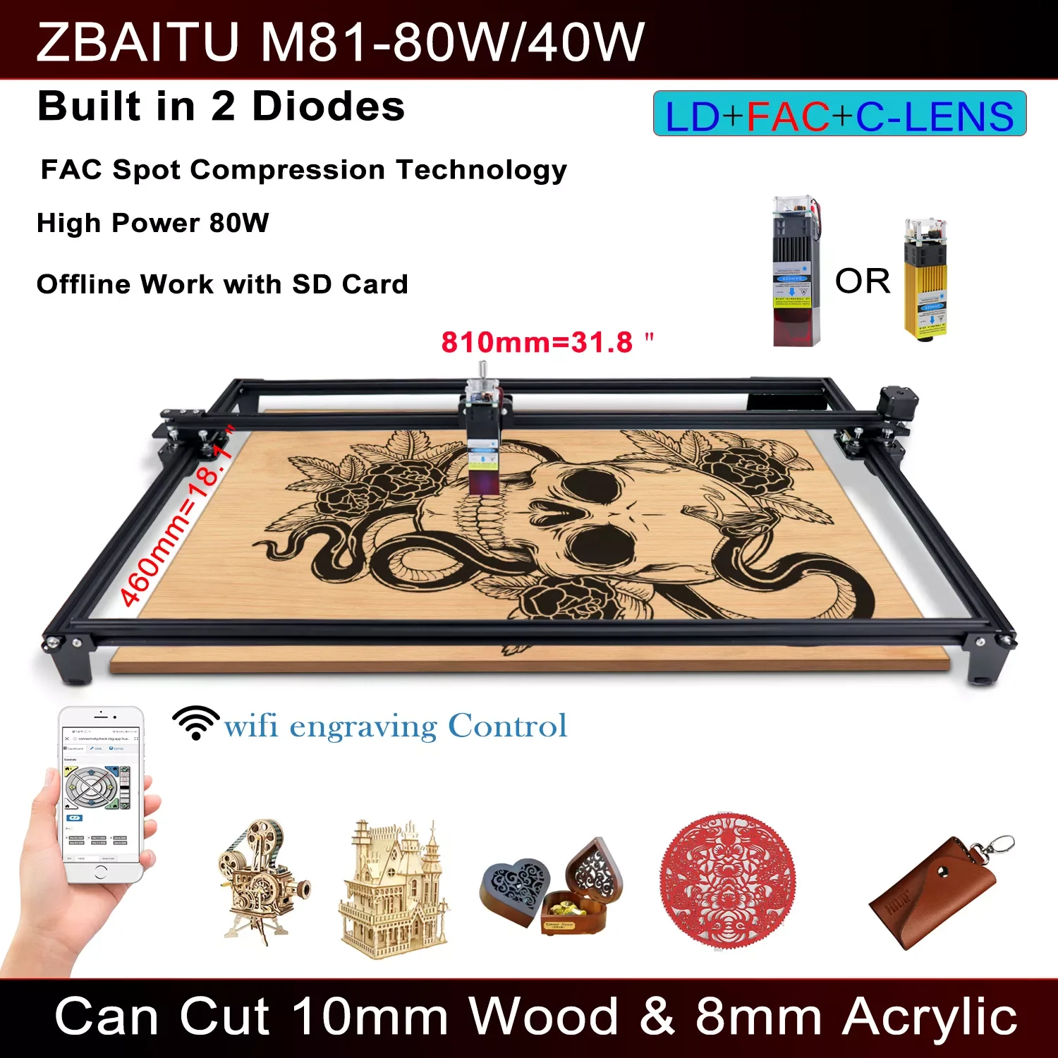 

Large Frame CNC DIY Engraving Cutting Marking Machine, 46X81cm, 40W/80W Power Laser Module, Cut 10mm Wood RU/Poland Warehouse