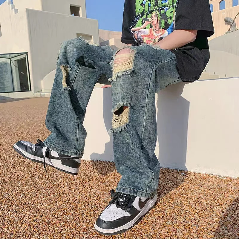 Y2K Vintage Streetwear Korean Fashion Ripped Baggy Pants Hip Hop Wide Leg Jeans for Men Denim Trousers Black Blue Male Clothing