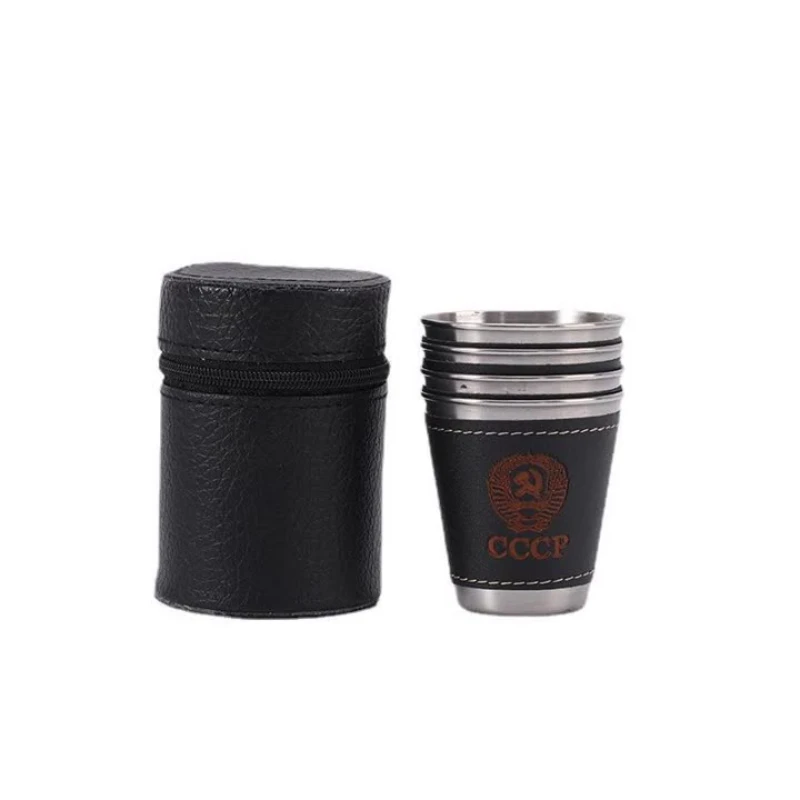 

1pcs 70ml Outdoor Camping Tableware Travel Cups Set Picnic Supplies Stainless Steel Wine Beer Cup Whiskey Mugs PU Leather