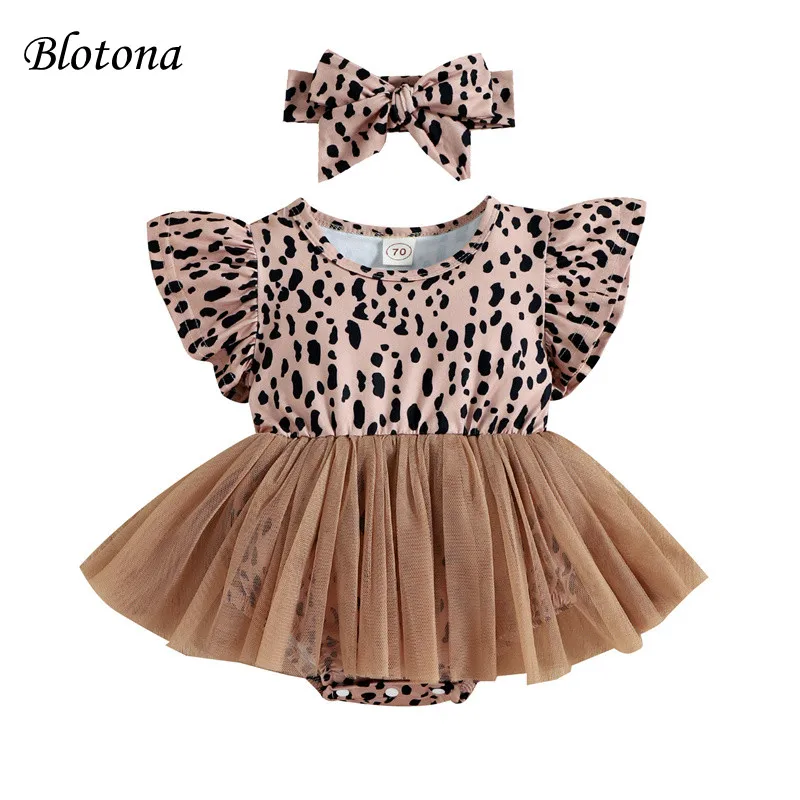 

Blotona 2Pcs Baby Girl Summer Outfit, Leopard Print Tulle Flying-Sleeve Romper Dress + Hairband for Toddler, 0-12 Months