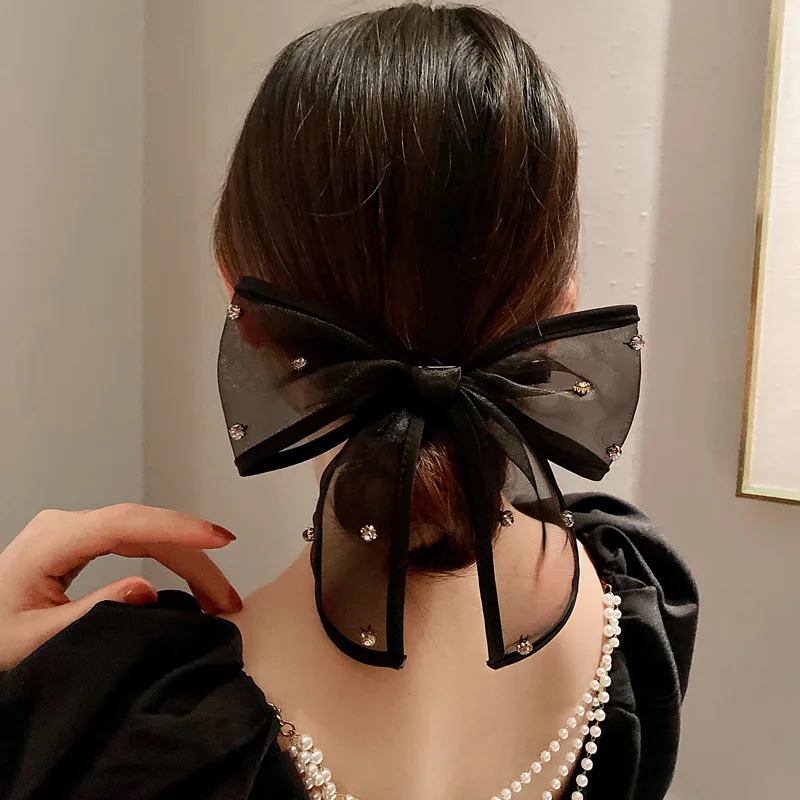 

Women Black Transparent Lace Rhinestones Bow-knot Hair Clip Girls Fashion Korean Ponytail Ribbon Headband Hair Accessories Gifts