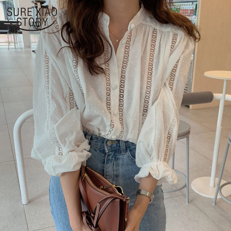 

Korean Casual Women's Shirt Hollow Hook Floral Polka Dot Stand Collar Shirts Long Sleeve Loose Tops Plus Size White Blouse 15400