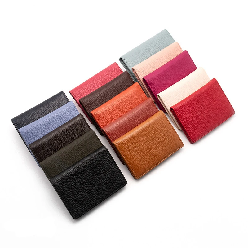 Dropshipping Cusom Name Genuine Leather Men Women Business Card Holder Bifold Credit Cards Case With ID Window Small Wallet Bags